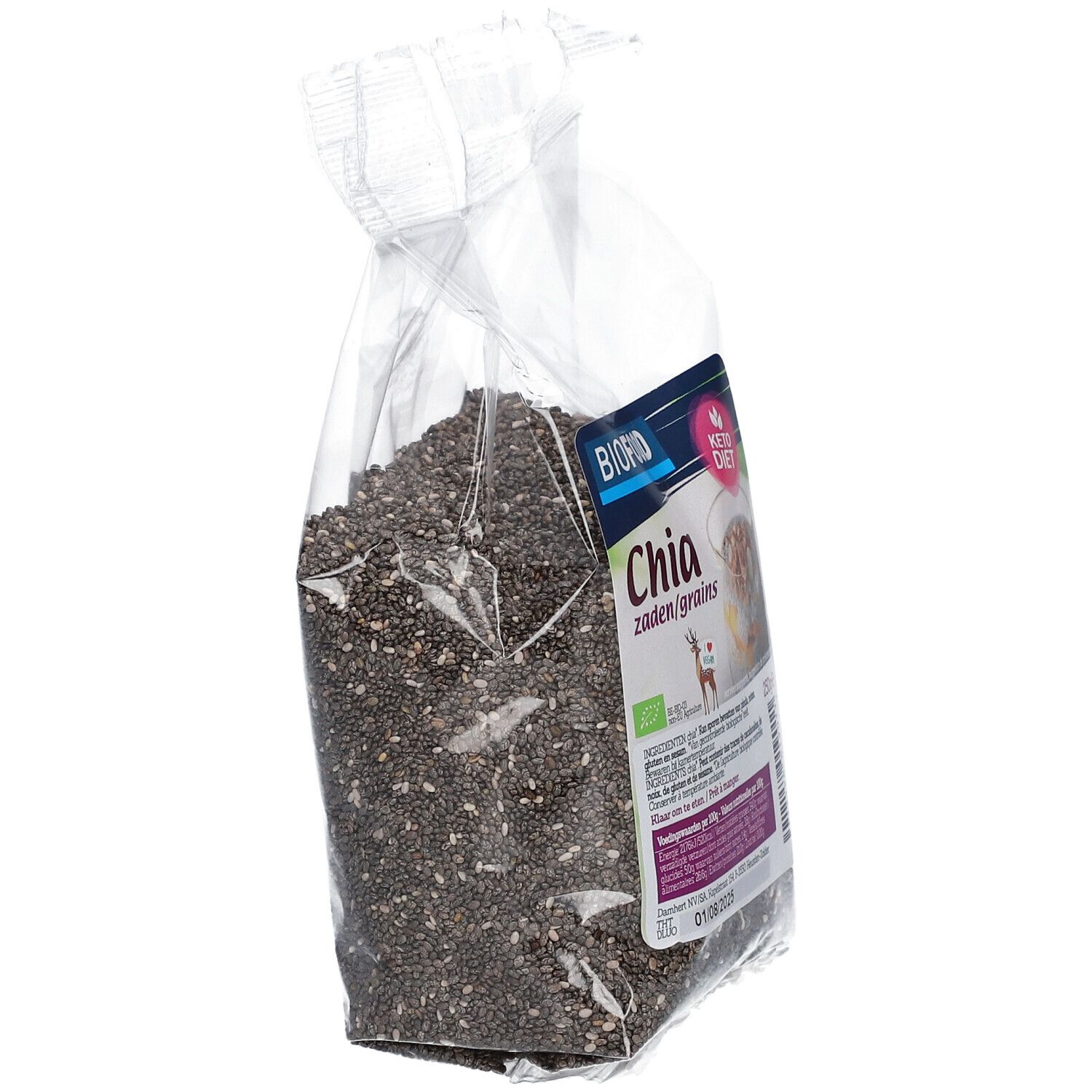 Plastic zak met chiazaad, licht schuin. Etiket met BIOFOOD-logo, productnaam en voedingsinformatie. Keto Dieet label.