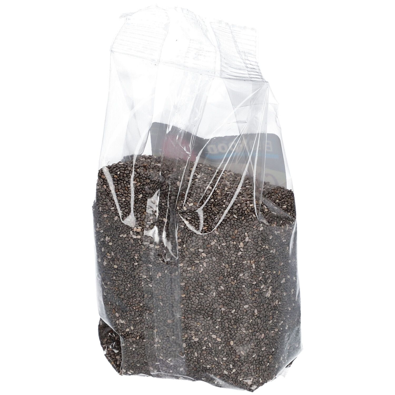 Plastic zak met chiazaad, zijaanzicht. Etiket met BIOFOOD-logo, productnaam en voedingsinformatie. Keto Dieet label.