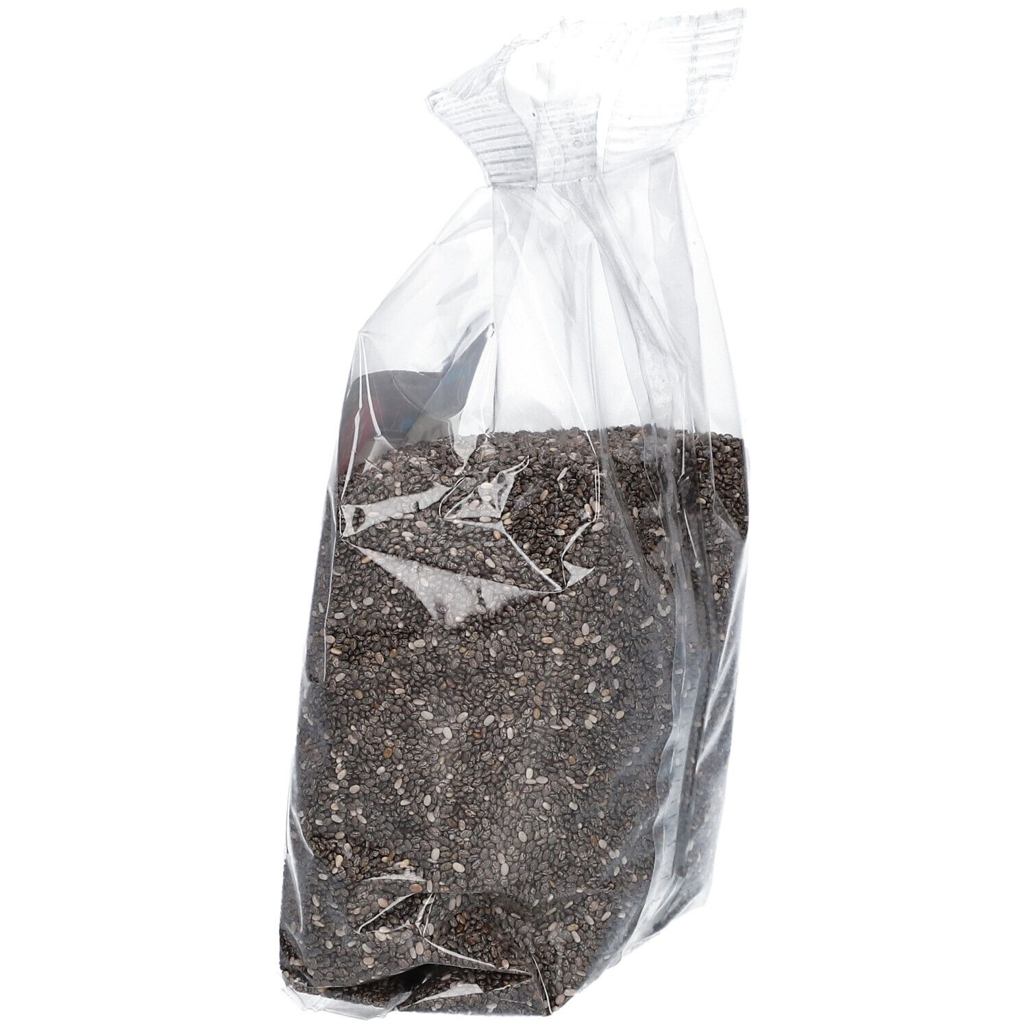 Plastic zak met chiazaad, zijaanzicht. Etiket met BIOFOOD-logo, productnaam en voedingsinformatie. Keto Dieet label.
