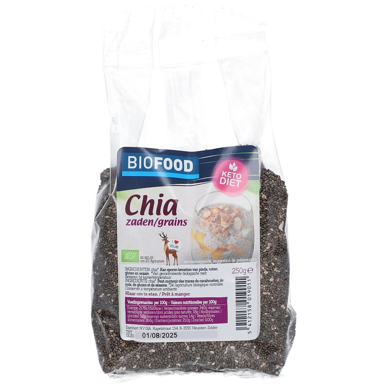 Transparante zak met chiazaad. Etiket met BIOFOOD-logo, productnaam en voedingsinformatie. Keto Dieet label.