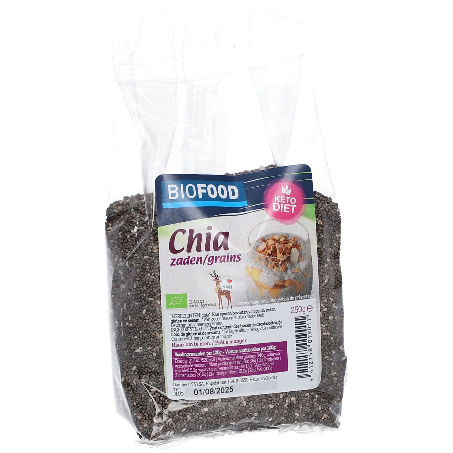Transparante zak met chiazaad. Etiket met BIOFOOD-logo, productnaam en voedingsinformatie. Keto Dieet label.