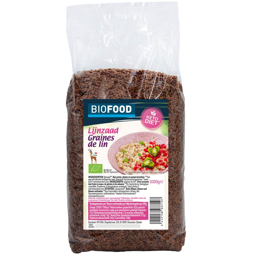 Transparante verpakking met lijnzaad. Bedrukking met productnaam, BIOFOOD, en tekst in het Duits en Frans. Keurmerk met bio-logo en Keto-dieet logo.