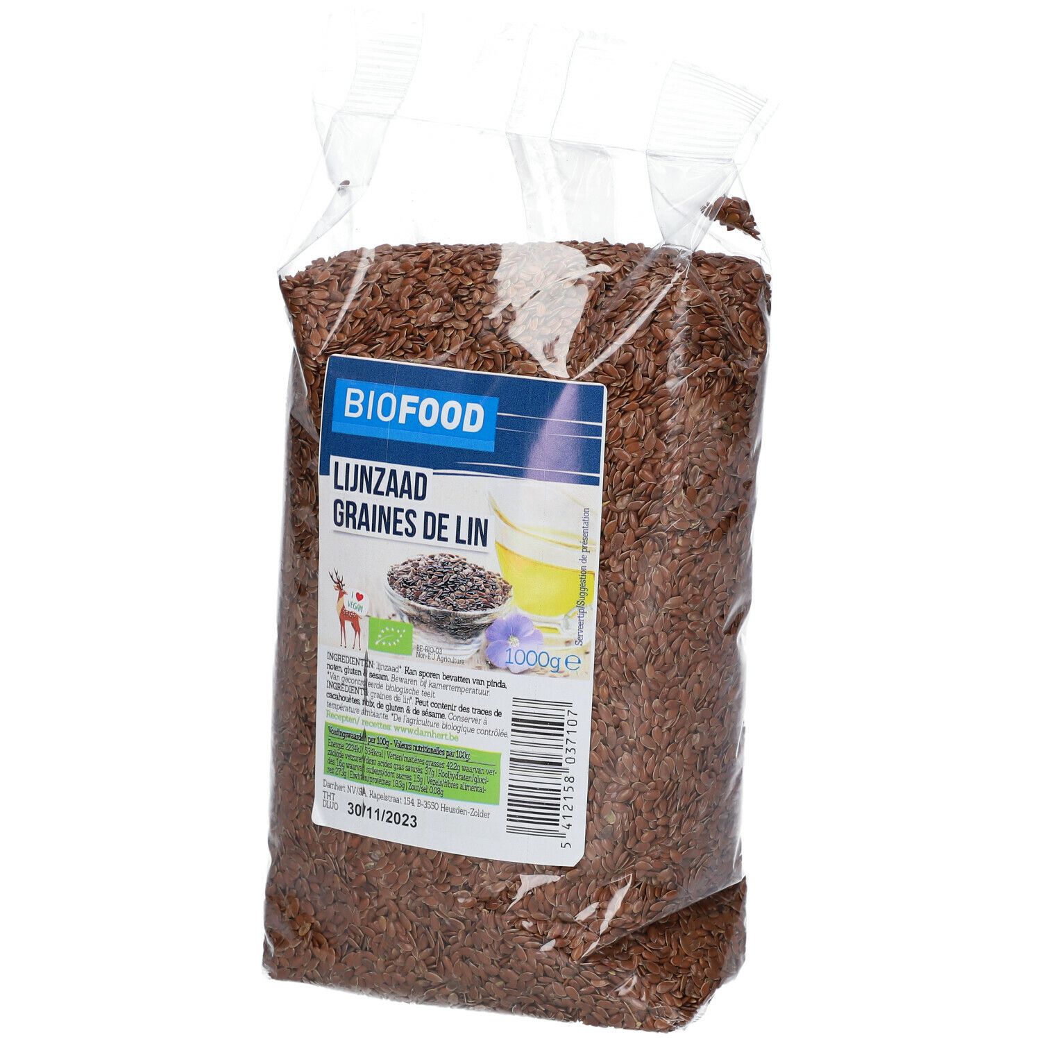 Transparante verpakking met lijnzaad. Bedrukking met productnaam, BIOFOOD, en tekst in het Duits en Frans. Keurmerk met bio-logo.