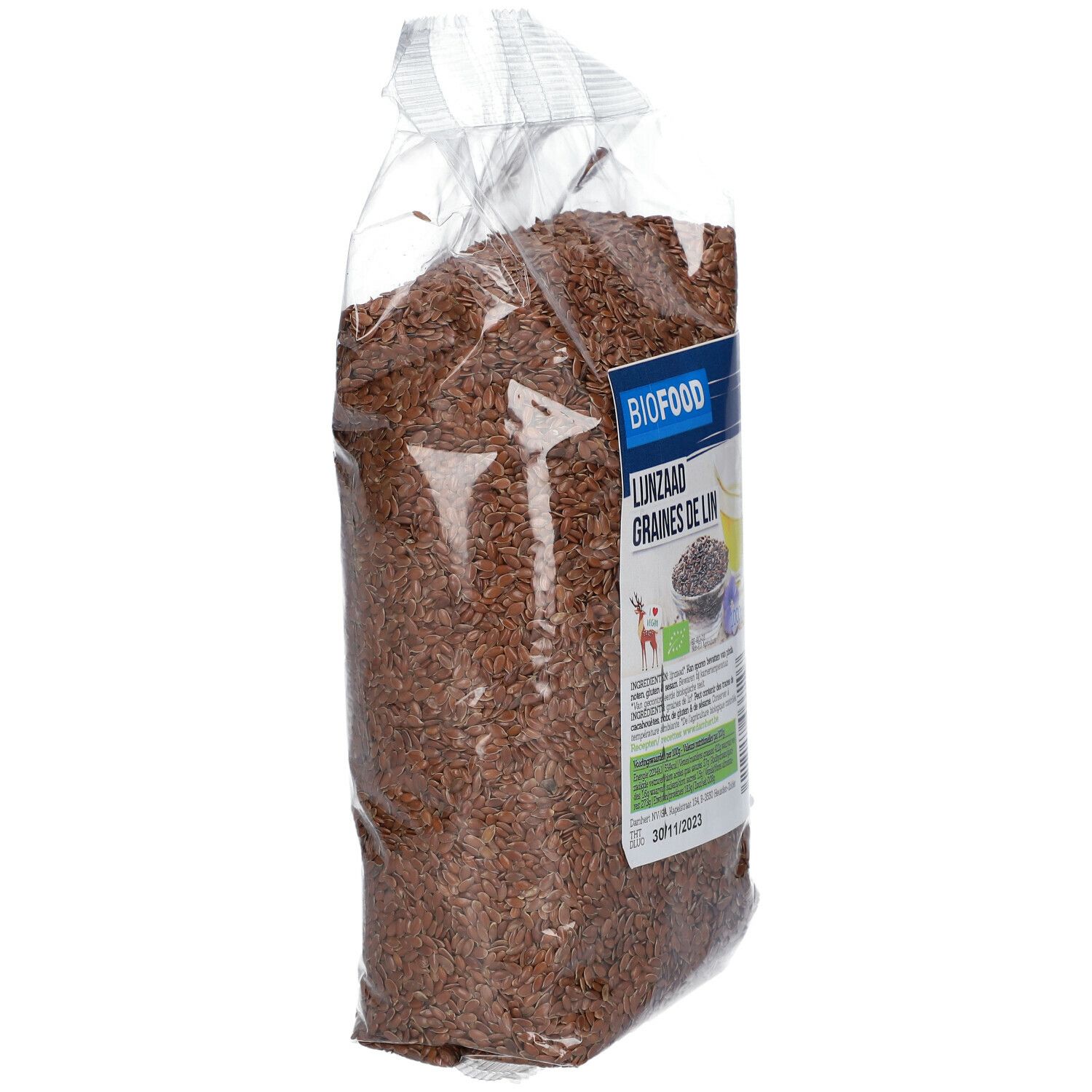 Transparante verpakking met lijnzaad. Bedrukking met productnaam, BIOFOOD, en tekst in het Duits en Frans. Keurmerk met bio-logo.