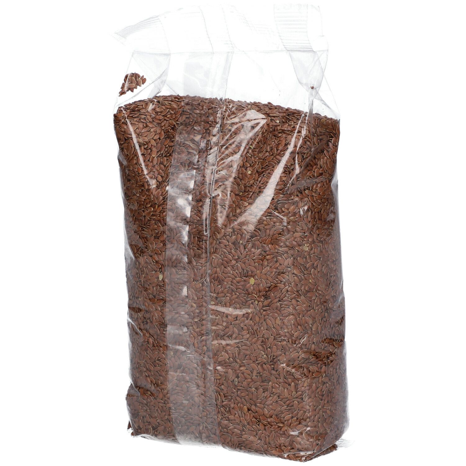Transparante verpakking met lijnzaad. Bedrukking met productnaam, BIOFOOD, en tekst in het Duits en Frans. Keurmerk met bio-logo.