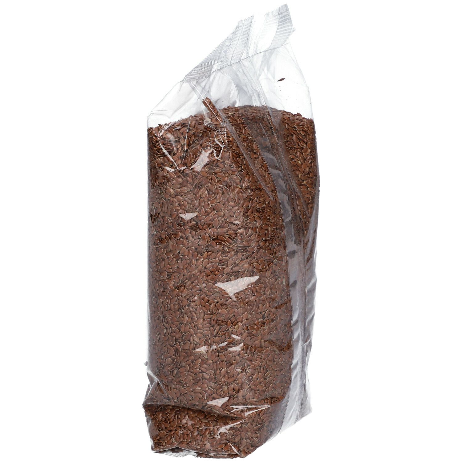 Transparante verpakking met lijnzaad. Bedrukking met productnaam, BIOFOOD, en tekst in het Duits en Frans. Keurmerk met bio-logo.