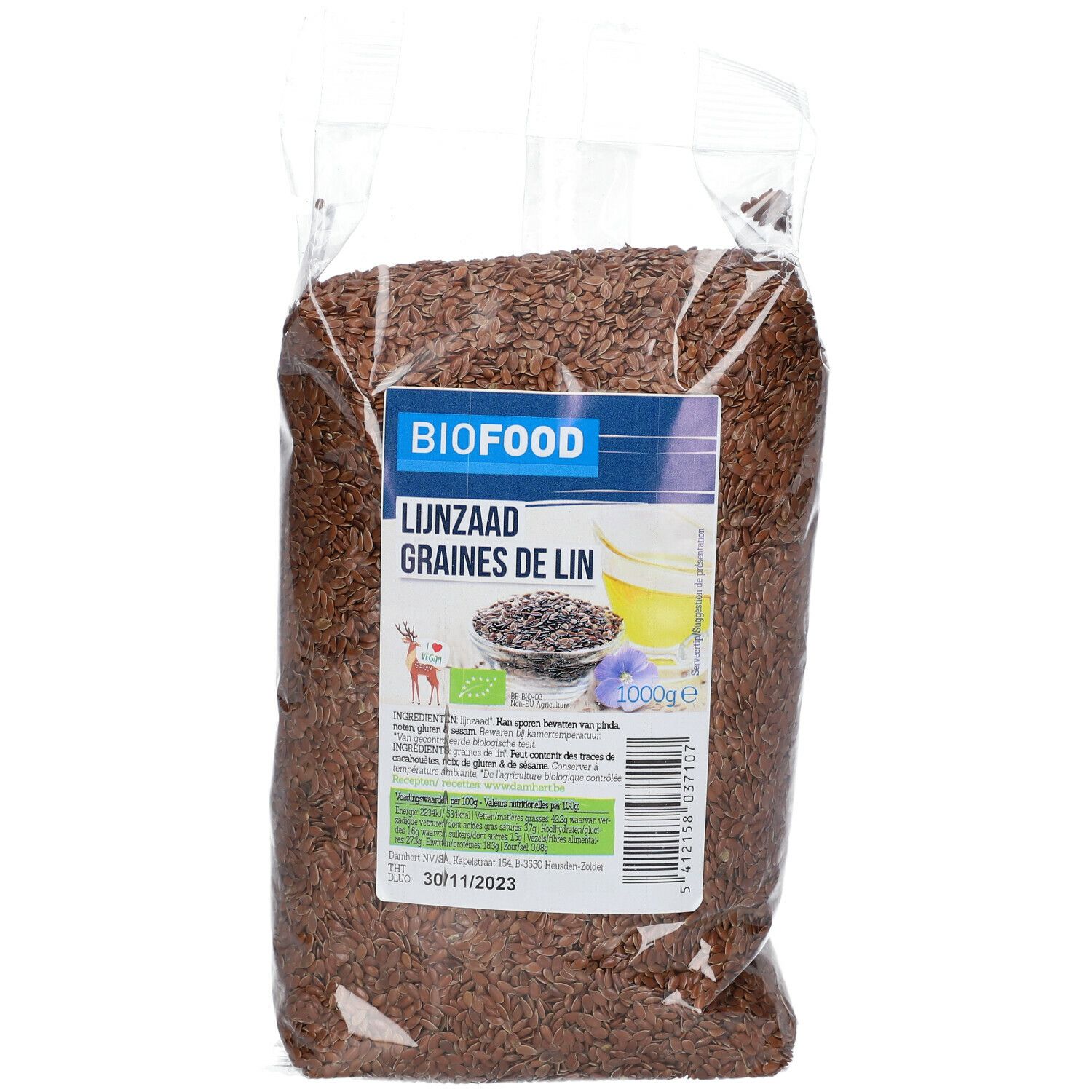 Transparante verpakking met lijnzaad. Bedrukking met productnaam, BIOFOOD, en tekst in het Duits en Frans. Keurmerk met bio-logo.