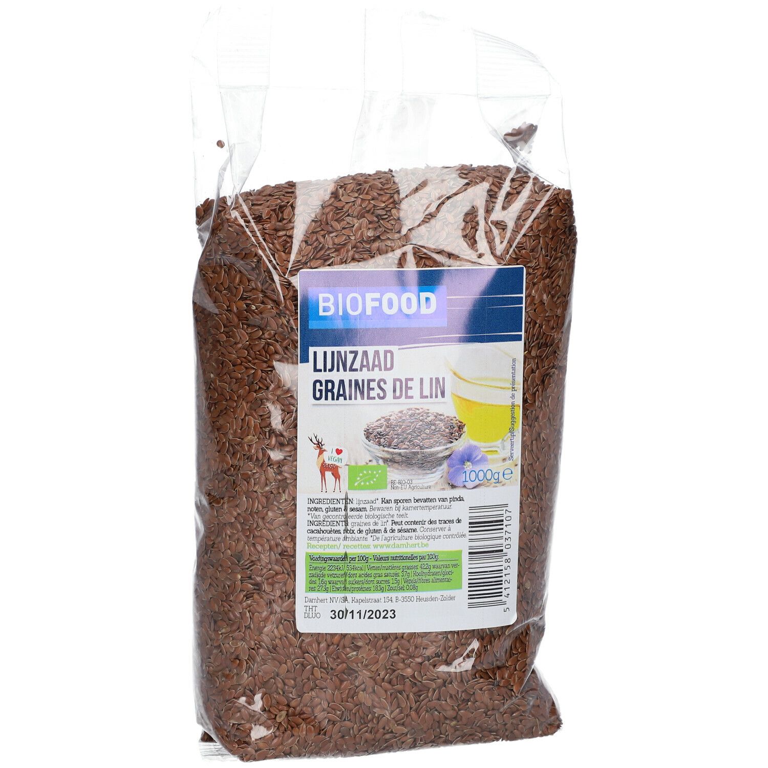 Transparante verpakking met lijnzaad. Bedrukking met productnaam, BIOFOOD, en tekst in het Duits en Frans. Keurmerk met bio-logo.