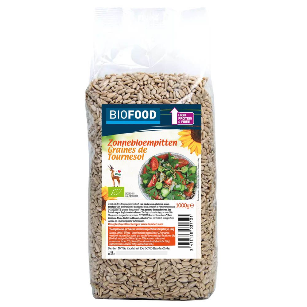 Transparante zak zonnebloempitten. Bedrukt met productnaam en logo. 1000g. Afbeelding van een salade.