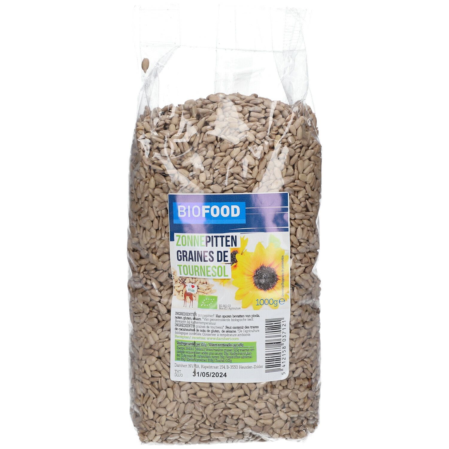 Klare Plastiktüte mit Sonnenblumenkernen. Aufdruck mit Produktnamen und Logo. 1000g.