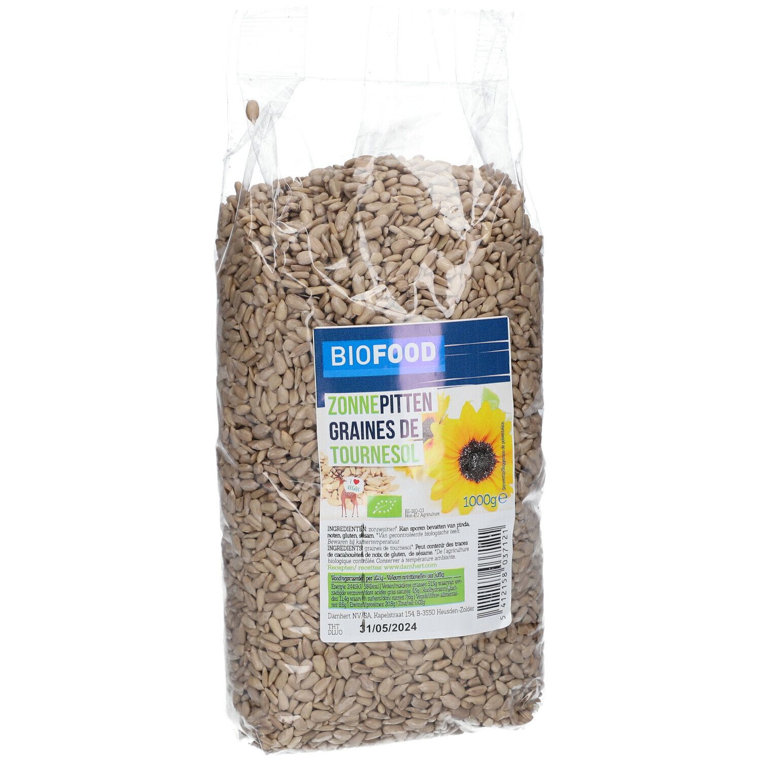 Klare Plastiktüte mit Sonnenblumenkernen. Aufdruck mit Produktnamen und Logo. 1000g.
