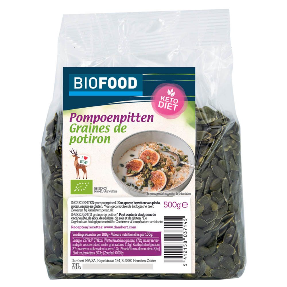 Verpakking pompoenpitten. BIOFOOD-logo en productnaam. Keto Diet logo. Bevat 500g. Bio-keurmerk.