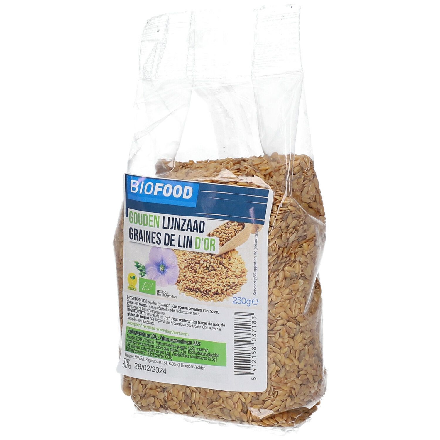 Transparante zak met gouden lijnzaad. BIOFOOD-label met productnaam en bio-keurmerk. 250g-aanduiding.