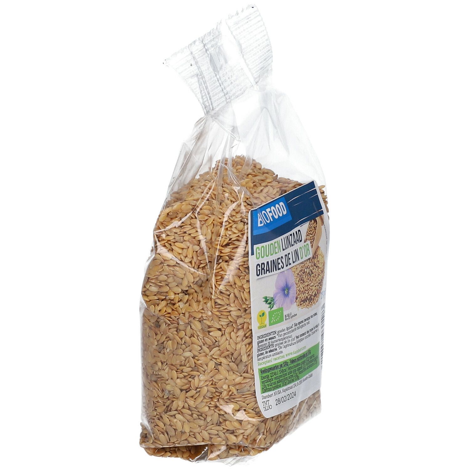 Transparante zak met gouden lijnzaad, schuin. BIOFOOD-label zichtbaar. Productnaam en bio-keurmerk.