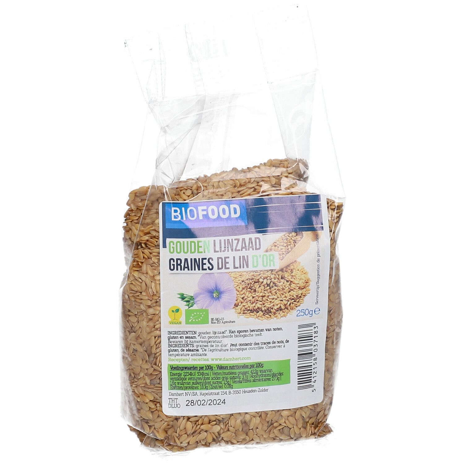 Transparante zak met gouden lijnzaad. BIOFOOD-label met productnaam en bio-keurmerk. 250g-aanduiding.