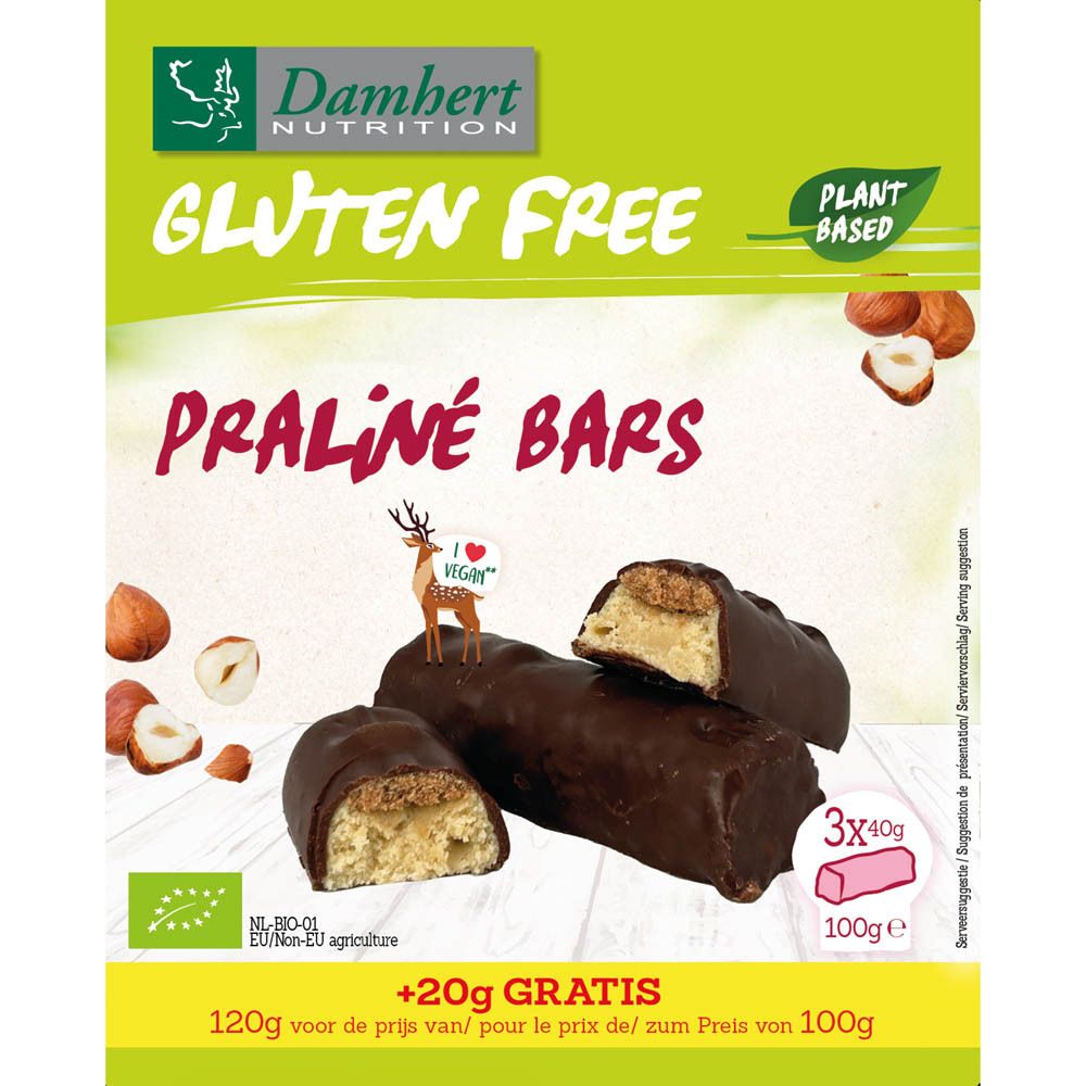 Boîte de barres Praliné, sans gluten, vegan, à base de plantes. 3 barres de 40g chacune.