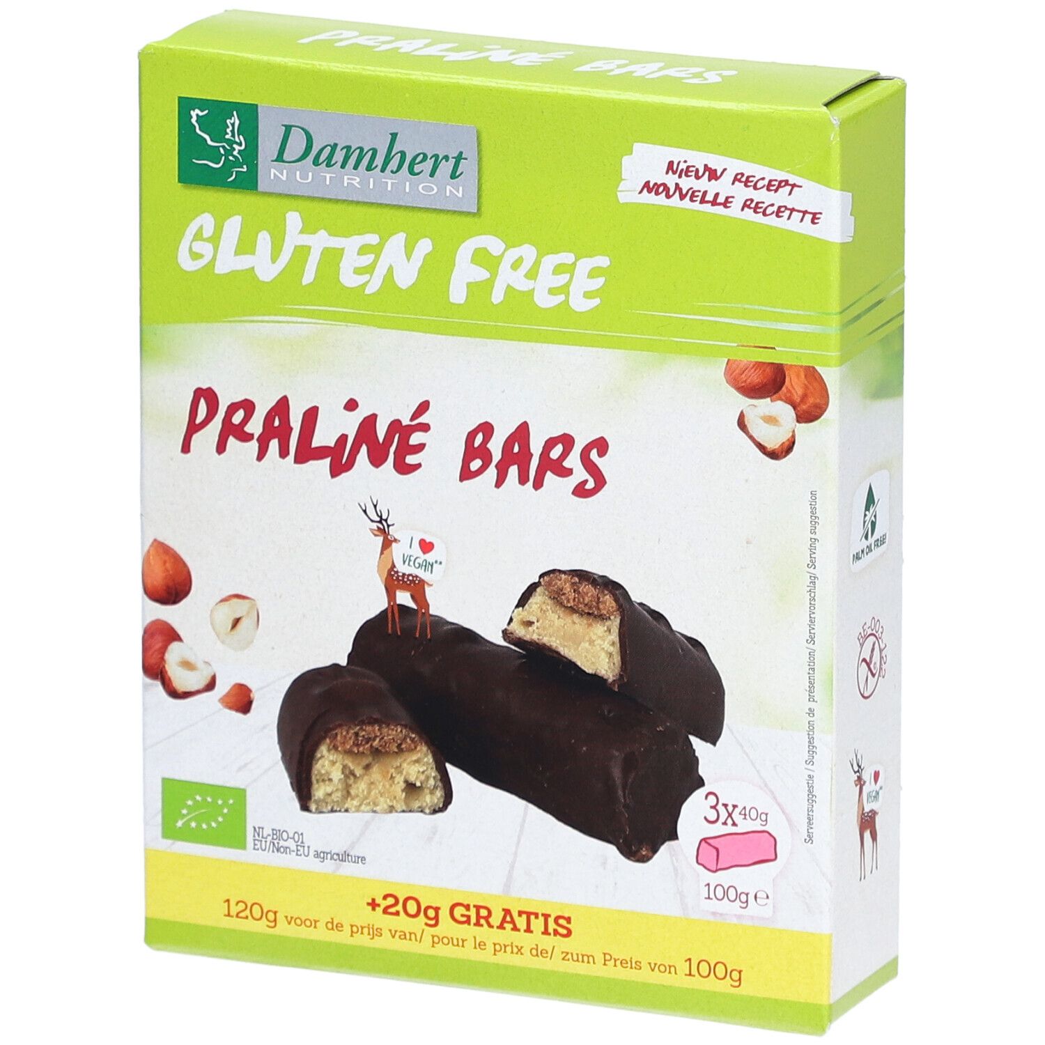 Boîte de barres Praliné, sans gluten, vegan. 3 barres de 40g chacune. Marque: Damhert Nutrition.