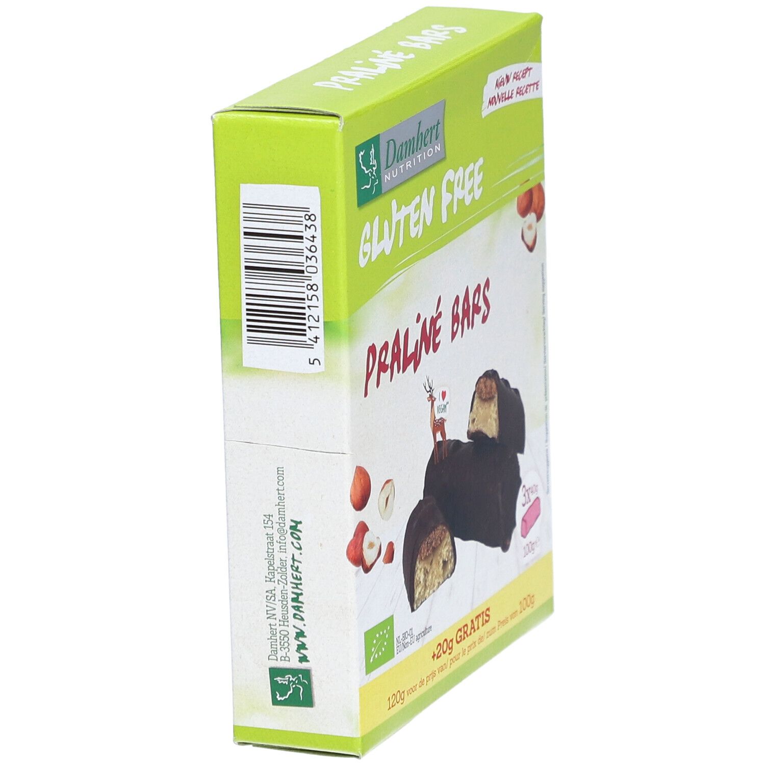 Boîte verte de barres Praliné. Sans gluten. Marque: Damhert Nutrition. Code-barres et site web.