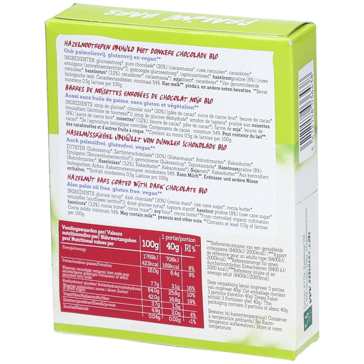 Dos de la boîte avec informations nutritionnelles et liste des ingrédients des barres Praliné. Sans gluten, vegan.
