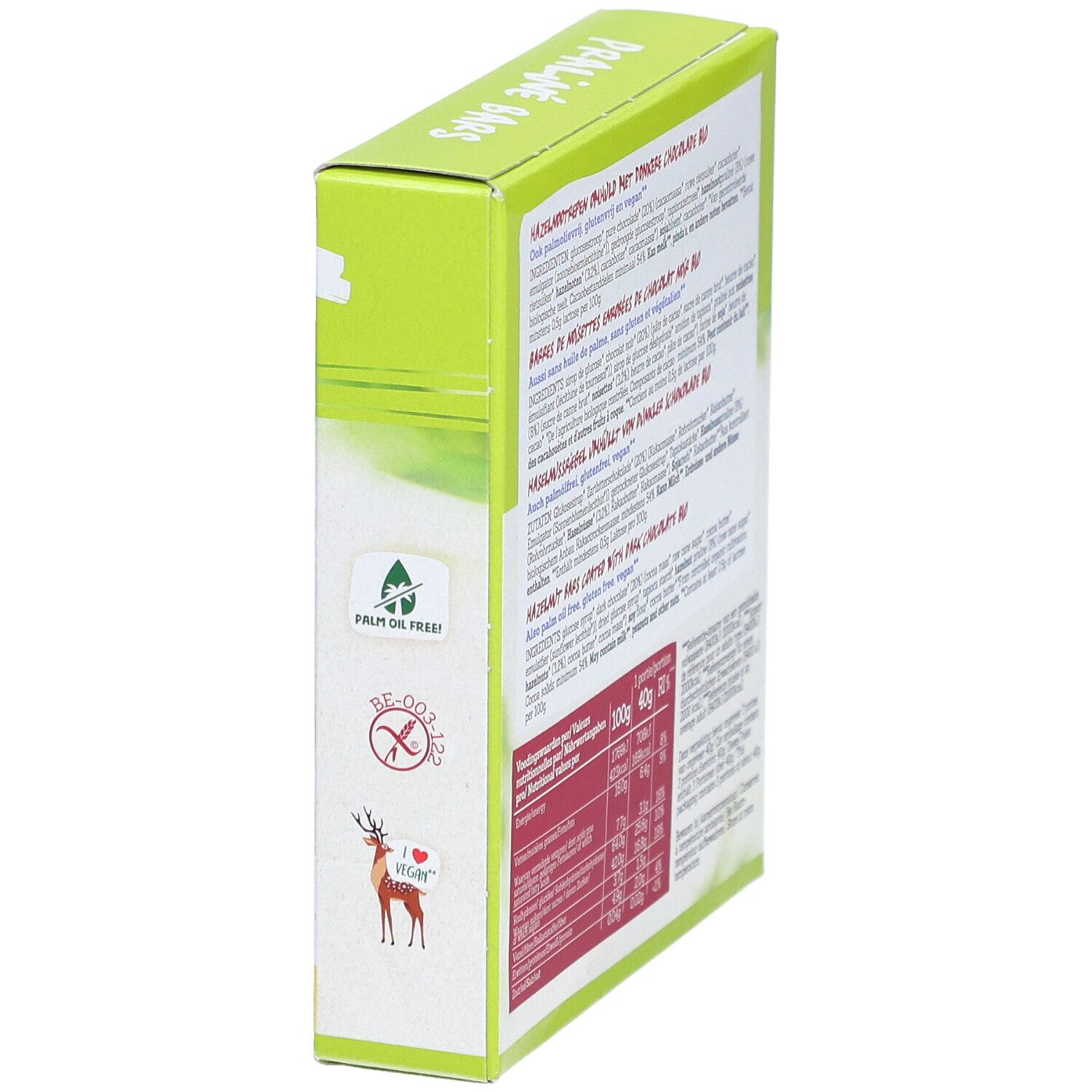 Côté de la boîte de barres Praliné. Sans gluten, vegan. Logo et certifications.