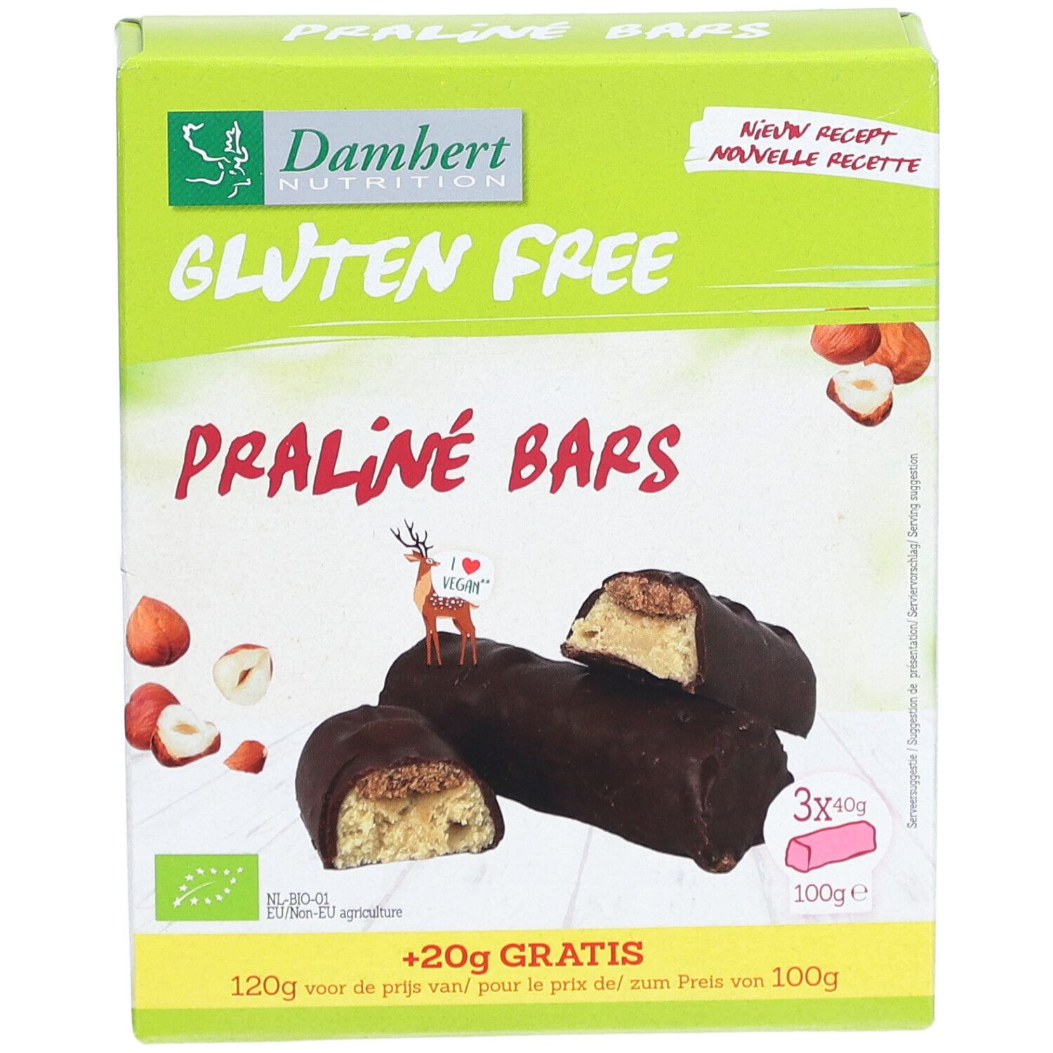 Boîte de barres Praliné, sans gluten, vegan. 3 barres de 40g chacune. Marque: Damhert Nutrition.