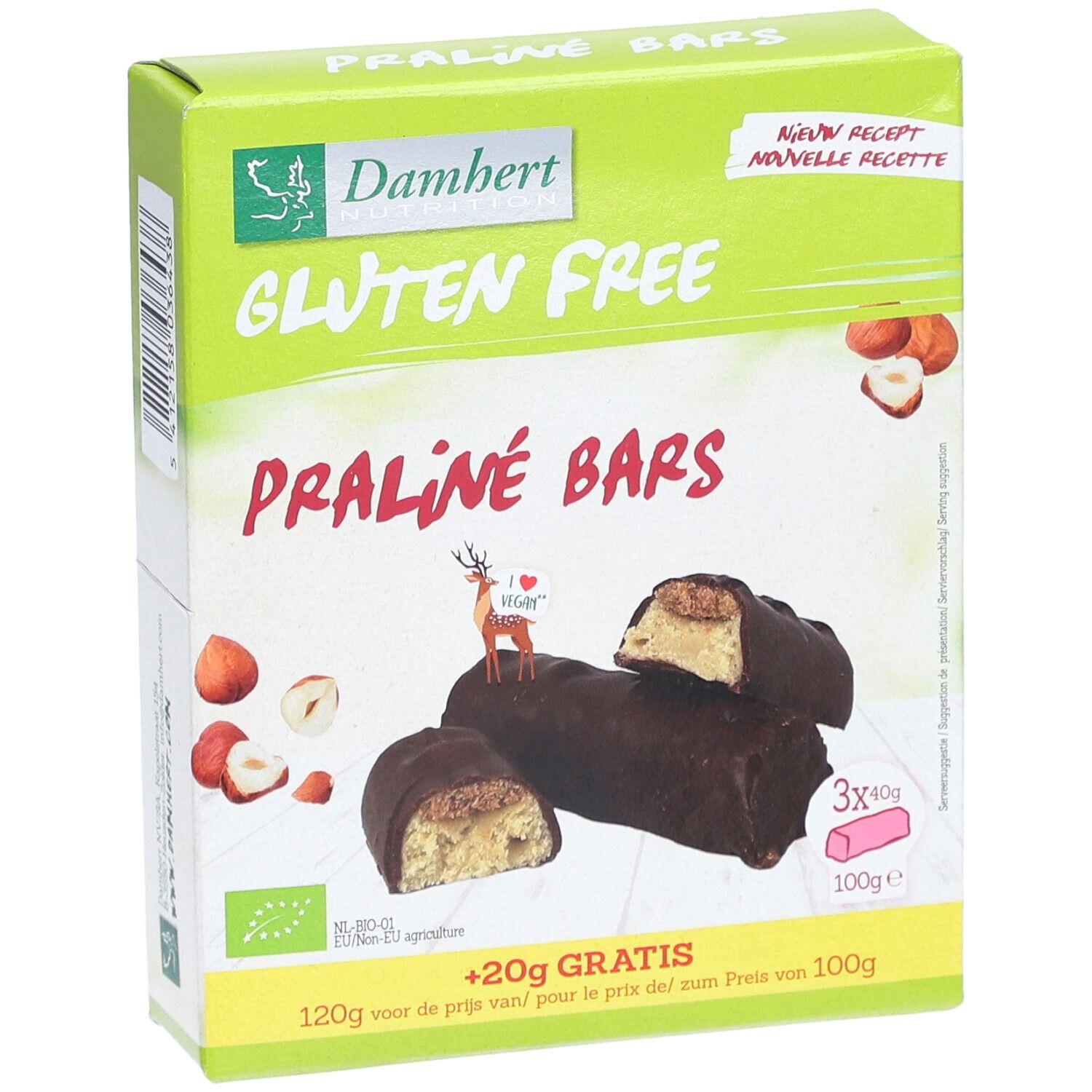 Boîte de barres Praliné, sans gluten, vegan. 3 barres de 40g chacune. Marque: Damhert Nutrition.