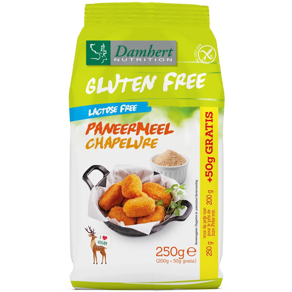 Groene verpakking van Damhert Nutrition Paniermehl glutenvrij. Bevat 250g + 50g gratis. Afbeelding van gepaneerde gerechten.
