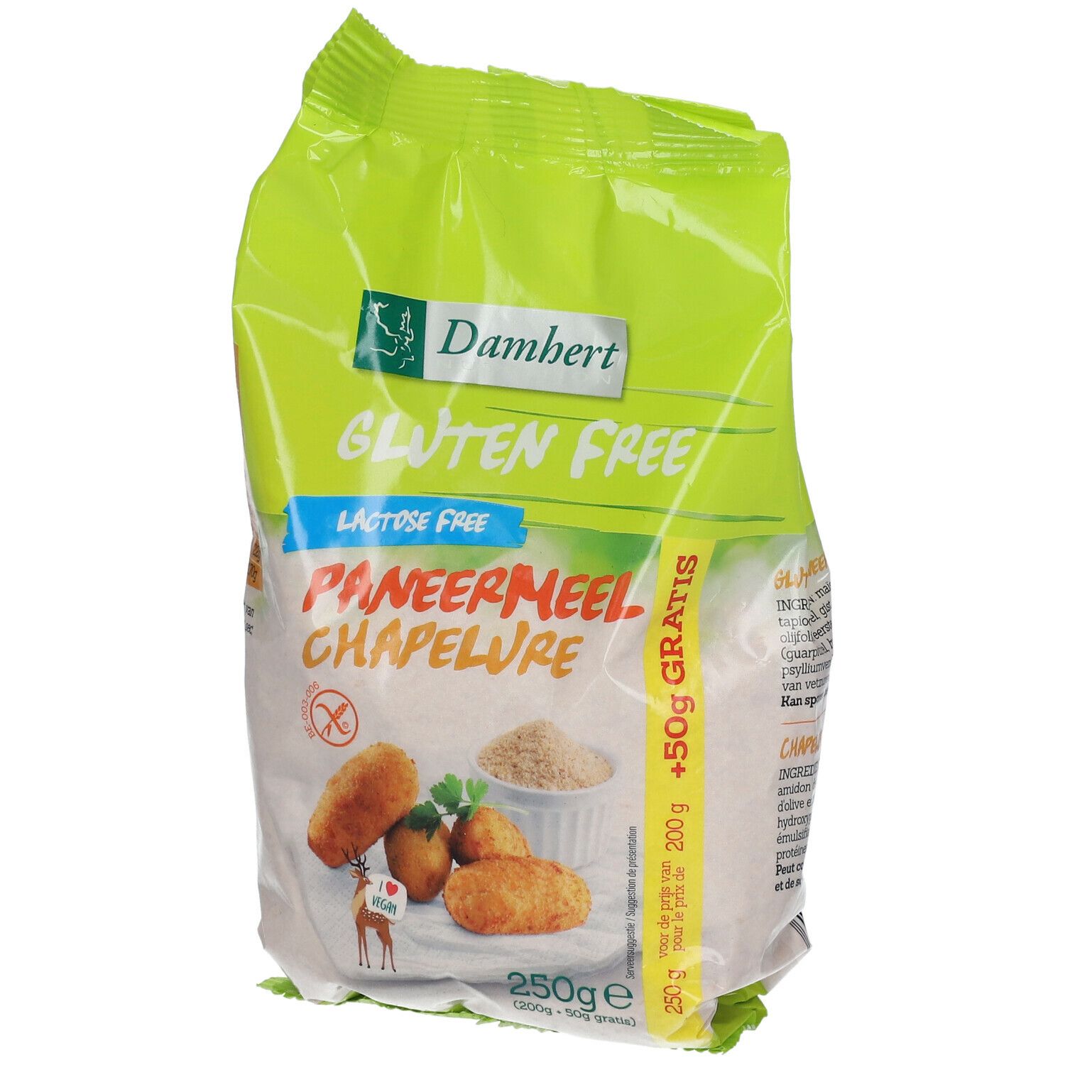 Groene verpakking van Damhert Paniermehl glutenvrij. Bevat 250g. Afbeelding van gepaneerde gerechten.