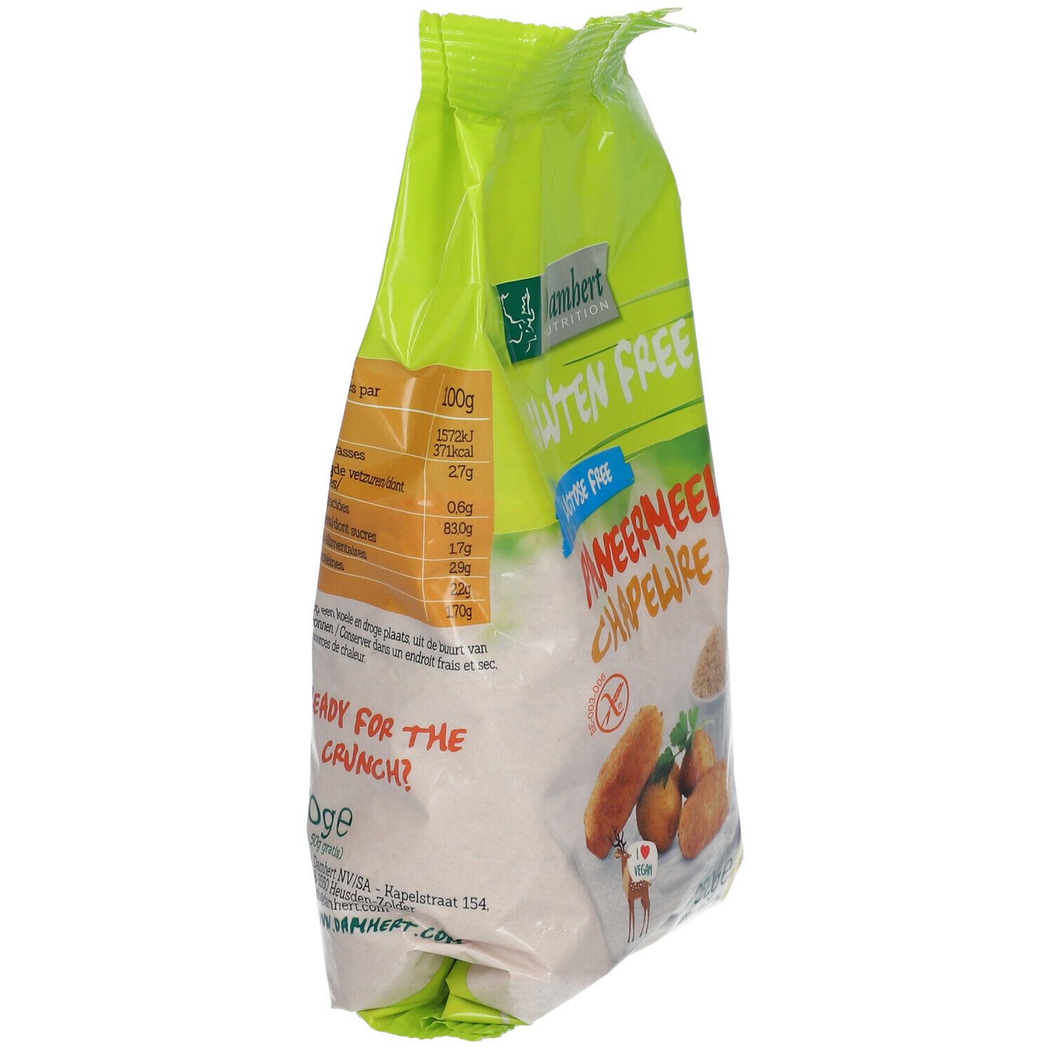 Groene verpakking van Damhert Paniermehl glutenvrij. Zijaanzicht met voedingswaarde en tekst.