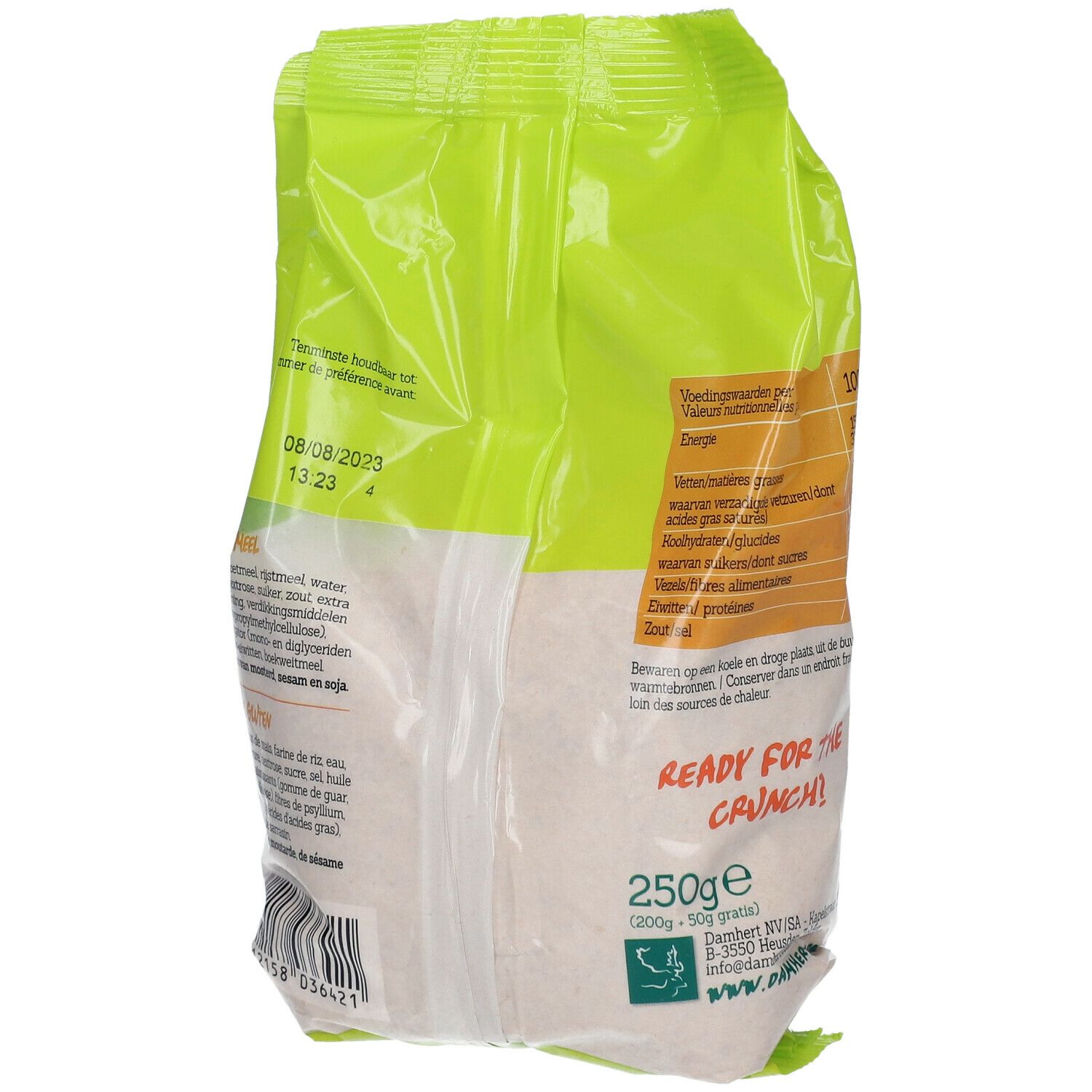 Achterkant van de groene verpakking van Damhert Paniermehl glutenvrij. Met tekst en voedingswaarde.