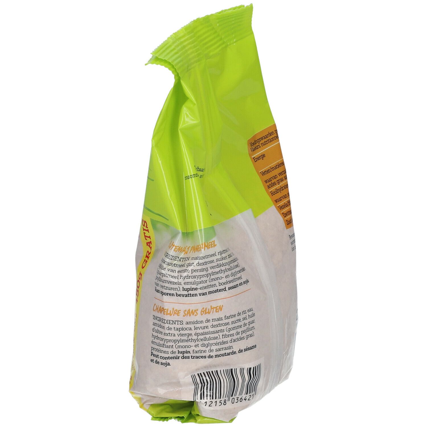 Zijaanzicht van de groene verpakking van Damhert Paniermehl glutenvrij. Met ingrediëntenlijst en tekst.