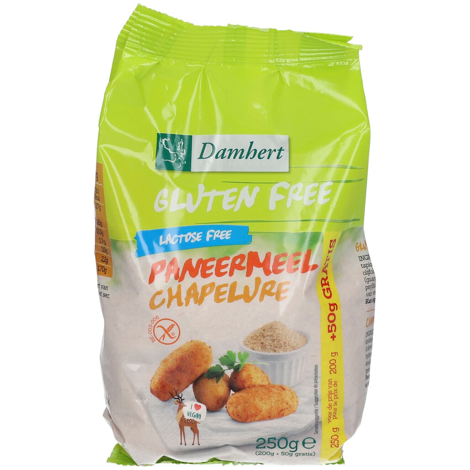 Groene verpakking van Damhert Paniermehl glutenvrij. Bevat 250g. Afbeelding van gepaneerde gerechten.