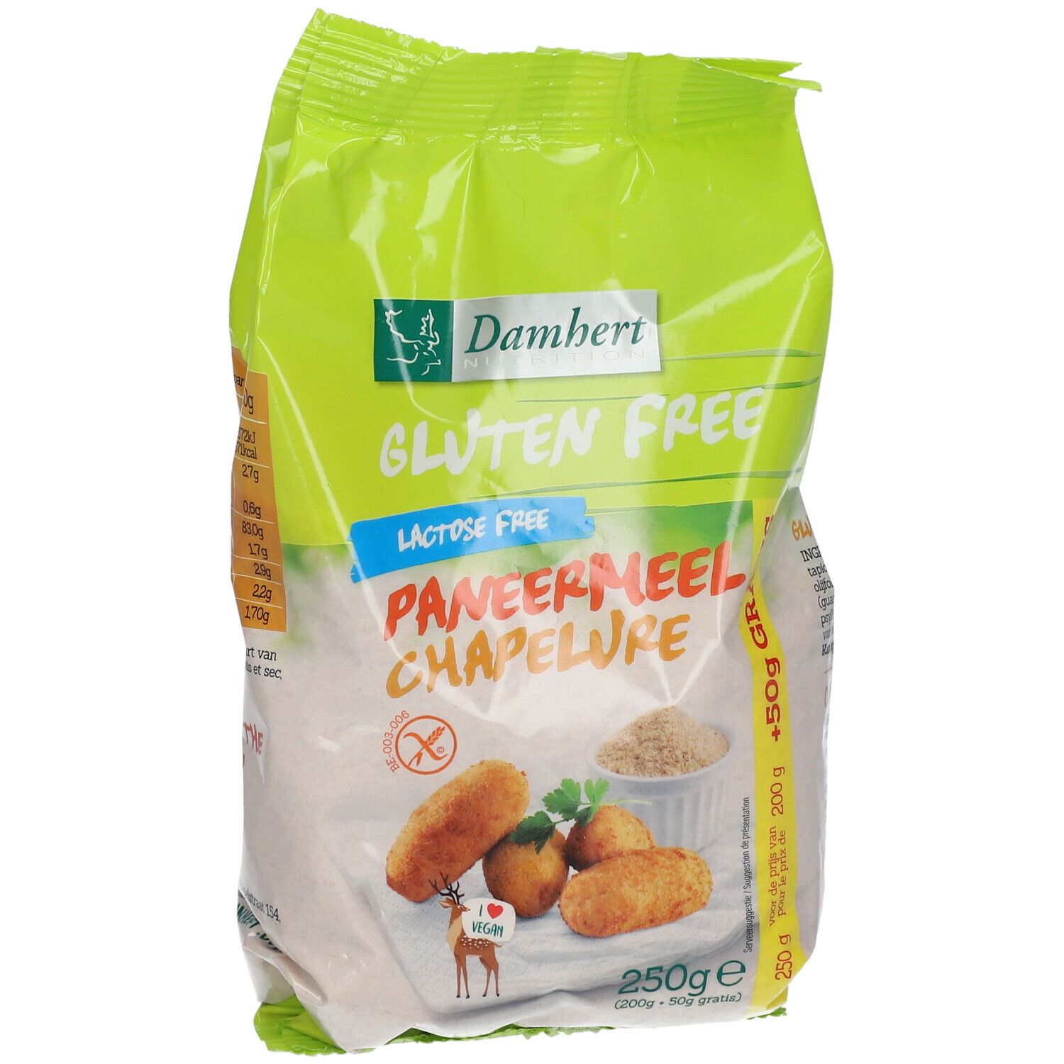 Groene verpakking van Damhert Paniermehl glutenvrij. Bevat 250g. Afbeelding van gepaneerde gerechten.