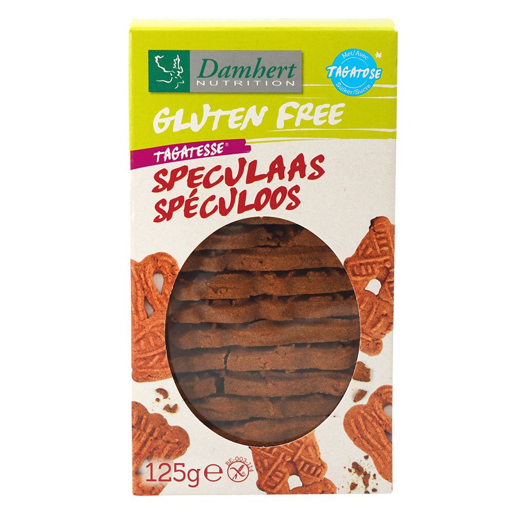 Doos glutenvrije speculaas. Venster toont koekjes. Merk Damhert Nutrition, 125g.
