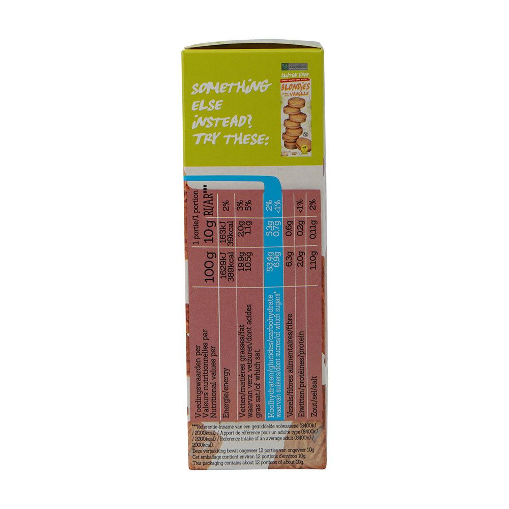 Achterkant van de speculaasdoos. Voedingswaarde en tekst in meerdere talen. Merk Damhert.