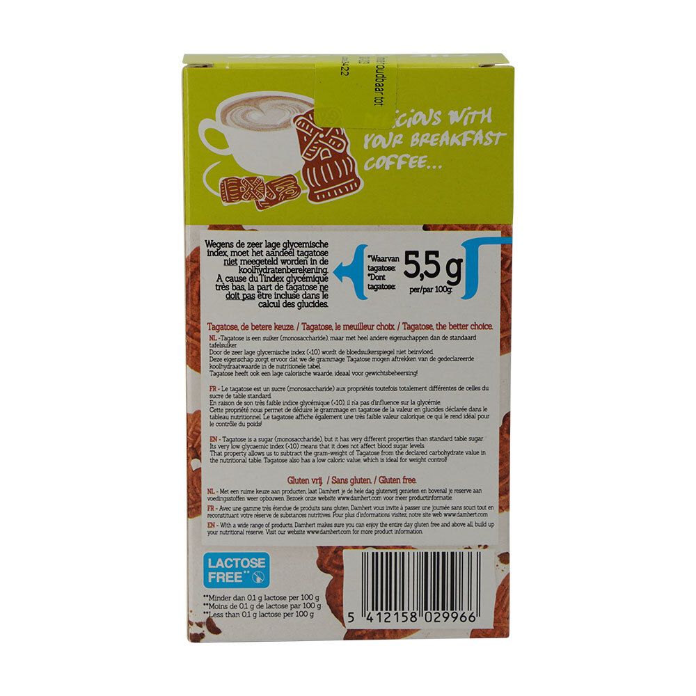 Achterkant van de speculaasdoos. Tekst over tagatose en glutenvrije producten. Merk Damhert.
