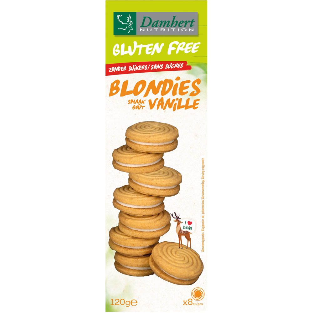 Verpakking met glutenvrije Blondies. Opschrift: Damhert Nutrition, Gluten Free, Zonder Suikers, Blondies Vanille.