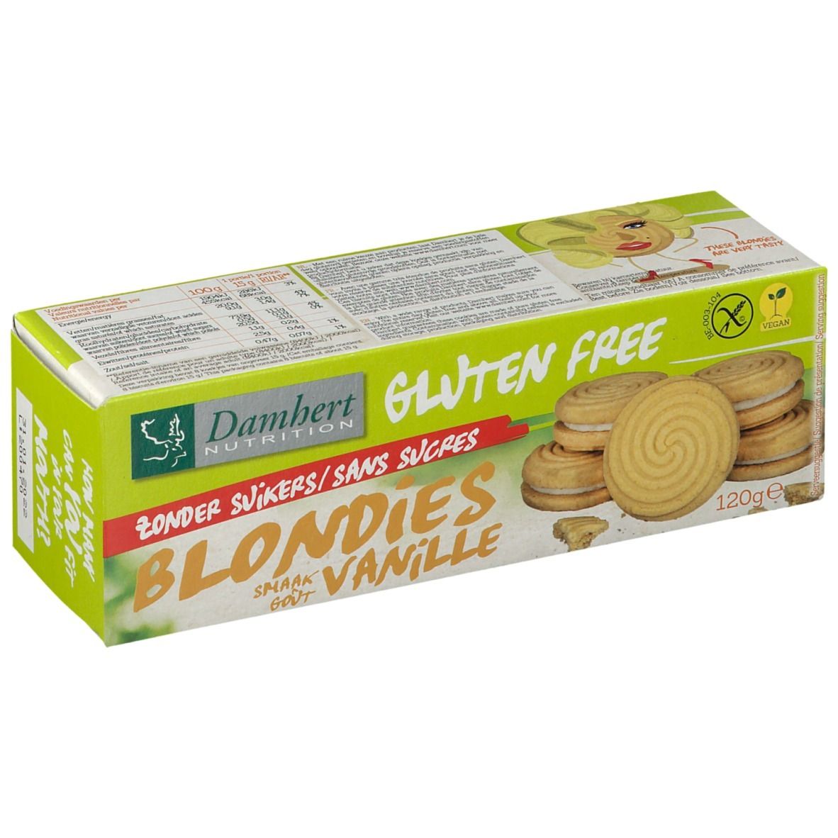 Verpakking met glutenvrije Blondies. Opschrift: Damhert Nutrition, Gluten Free, Zonder Suikers, Blondies Vanille.