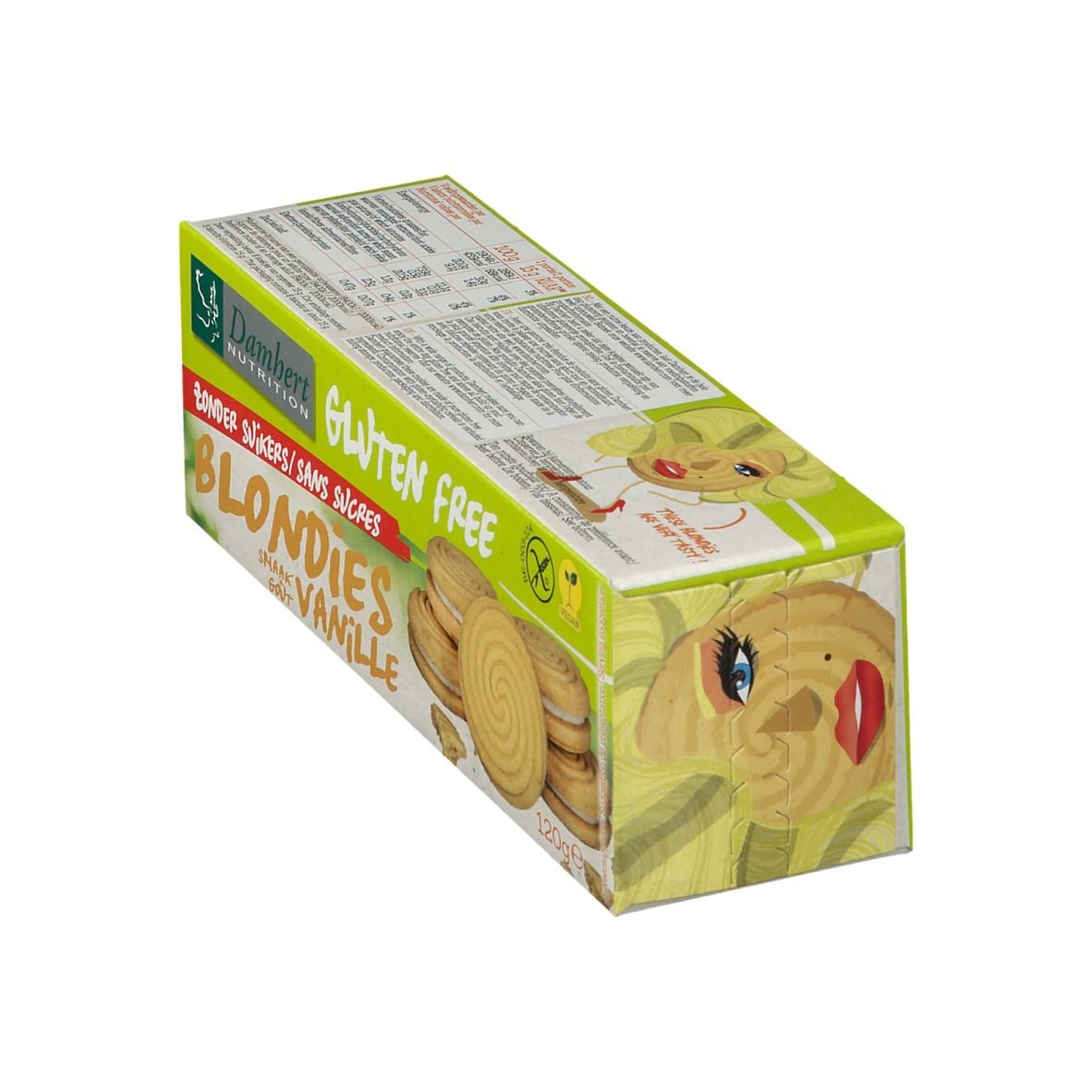 Verpakking met glutenvrije Blondies. Opschrift: Damhert Nutrition, Gluten Free, Zonder Suikers, Blondies Vanille.