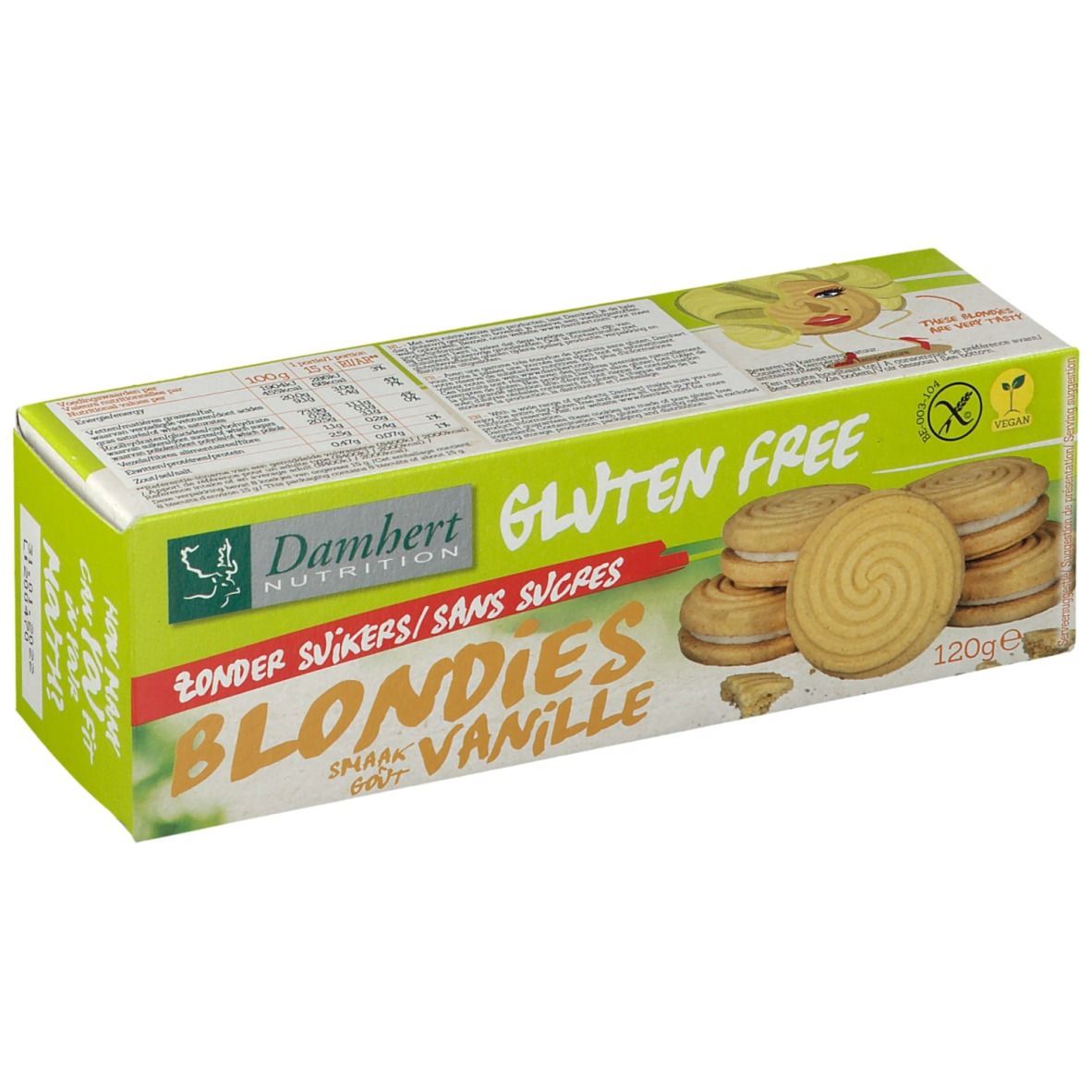 Verpakking met glutenvrije Blondies. Opschrift: Damhert Nutrition, Gluten Free, Zonder Suikers, Blondies Vanille.