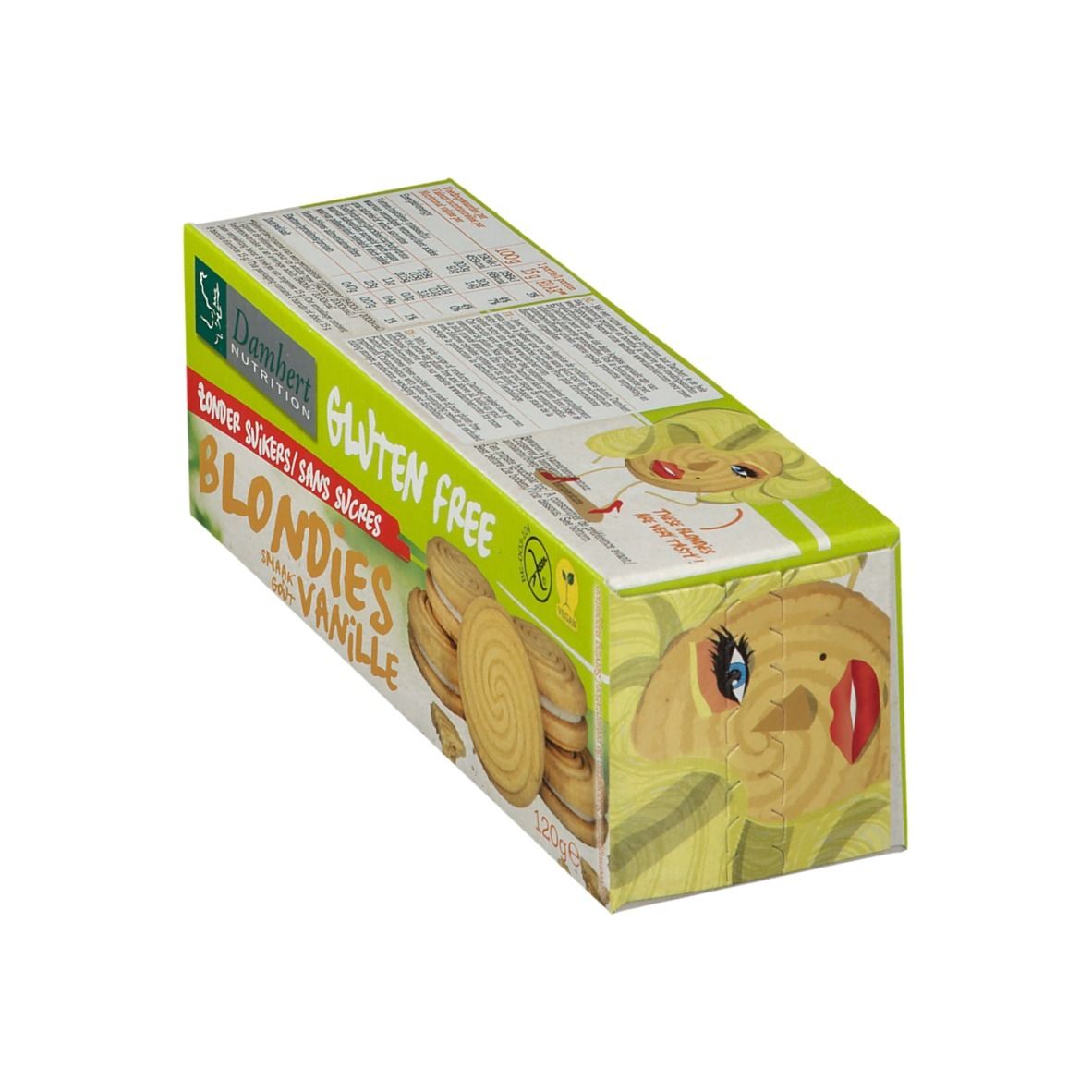 Verpakking met glutenvrije Blondies. Opschrift: Damhert Nutrition, Gluten Free, Zonder Suikers, Blondies Vanille.