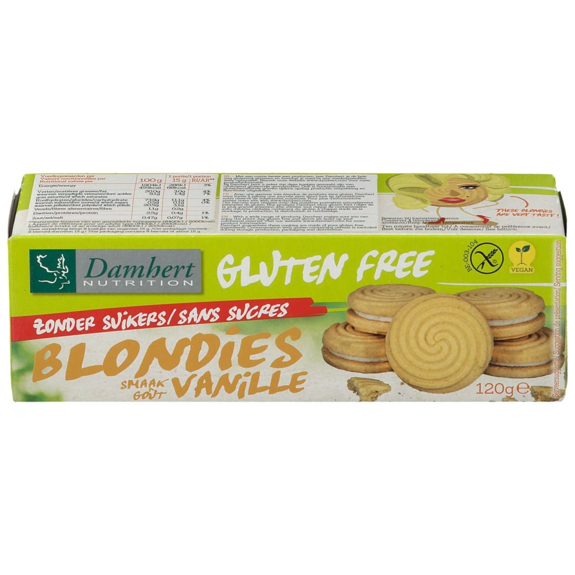 Verpakking met glutenvrije Blondies. Opschrift: Damhert Nutrition, Gluten Free, Zonder Suikers, Blondies Vanille.