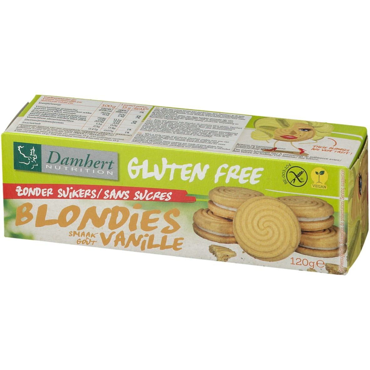 Verpakking met glutenvrije Blondies. Opschrift: Damhert Nutrition, Gluten Free, Zonder Suikers, Blondies Vanille.