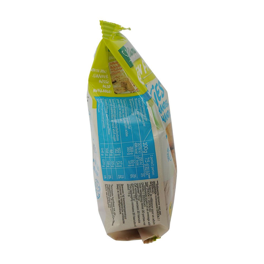 Verpakking koekjes, zijaanzicht. Opschrift: Gluten Free, Lactose Free, Cookies Amandel/Amande. Met voedingswaarde.