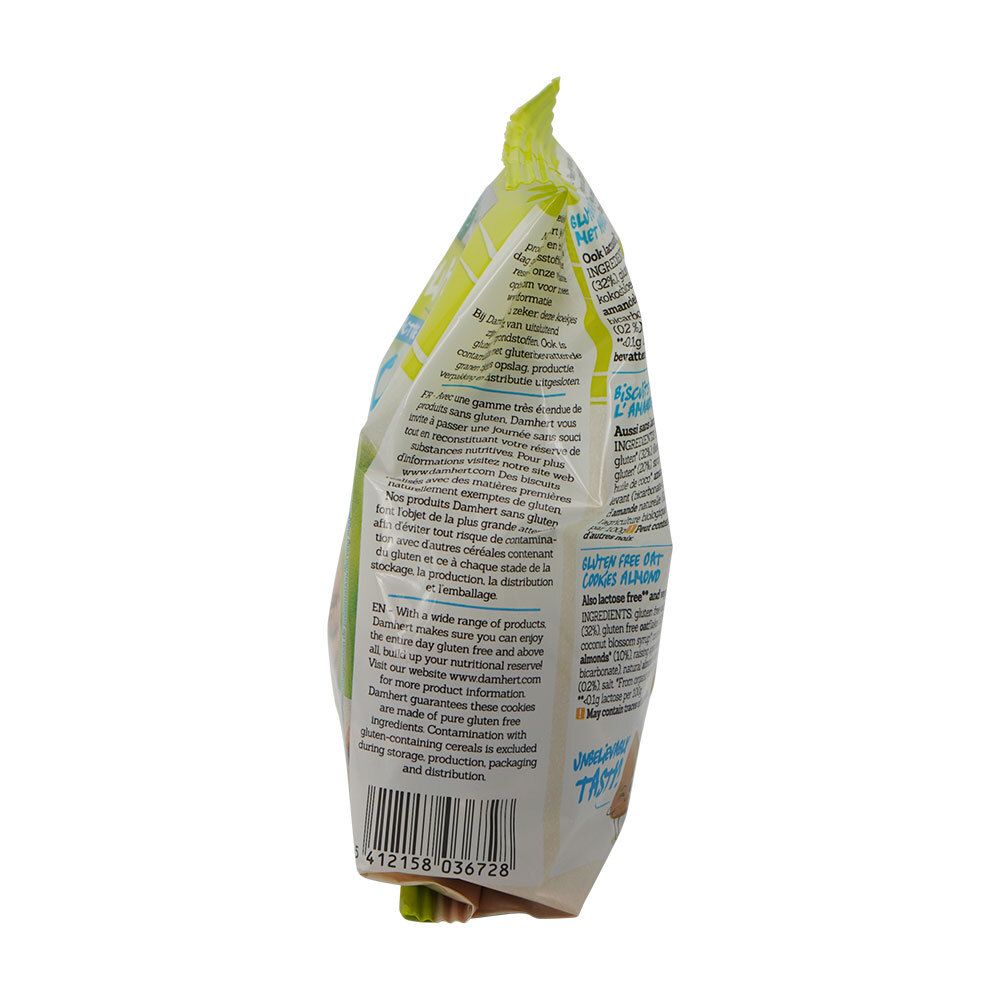 Zijaanzicht van de koekjesverpakking. Opschrift: Gluten Free, Lactose Free, Cookies Amandel/Amande. Met voedingswaarde.