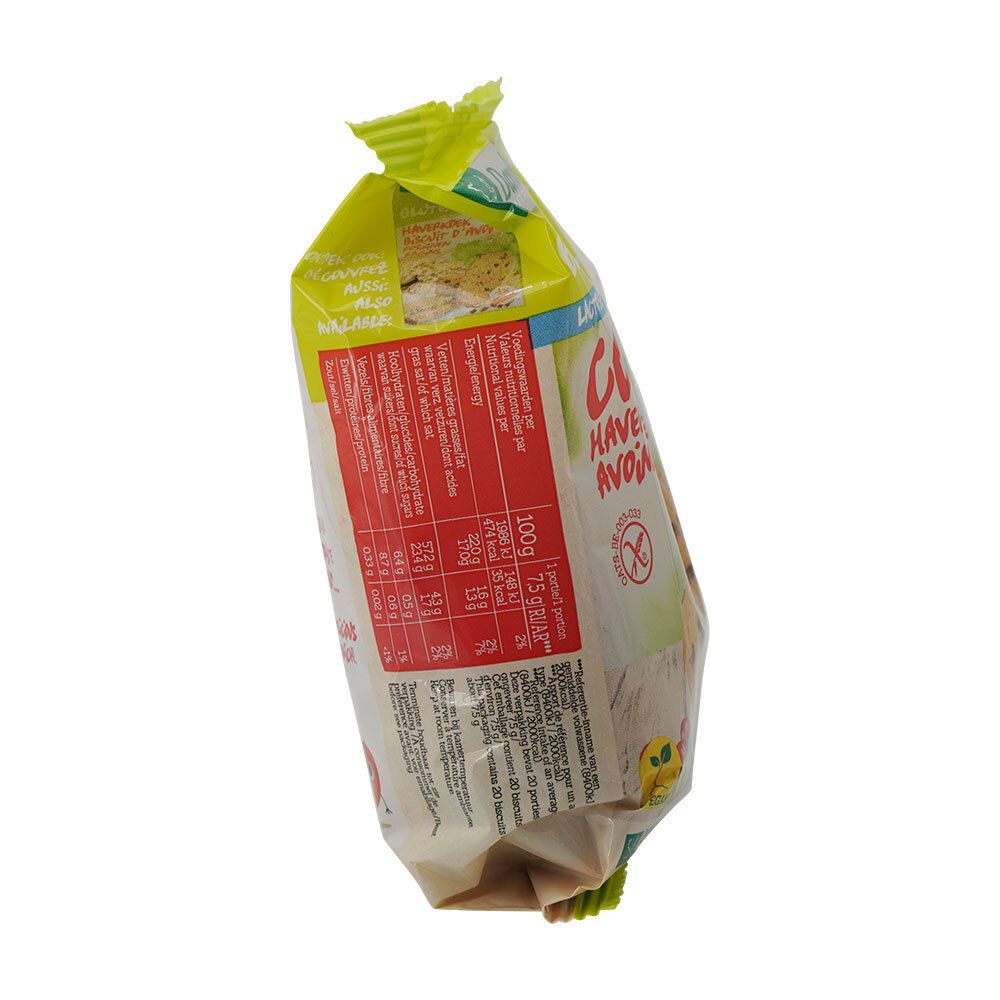Verpakking van Damhert Gluten Free Haferkekse BIO. Zijaanzicht. Bevat voedingsinformatie en het glutenvrije logo.