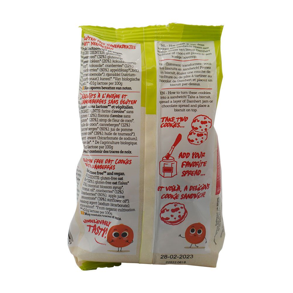 Achterkant van de verpakking Damhert Gluten Free Haferkekse BIO. Bevat ingrediënten, voedingsinformatie en instructies.