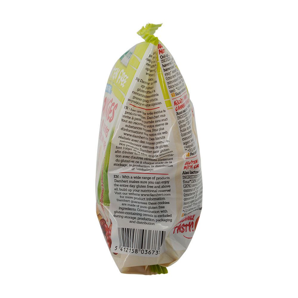 Zijaanzicht van de verpakking Damhert Gluten Free Haferkekse BIO. Bevat tekst en het glutenvrije logo.