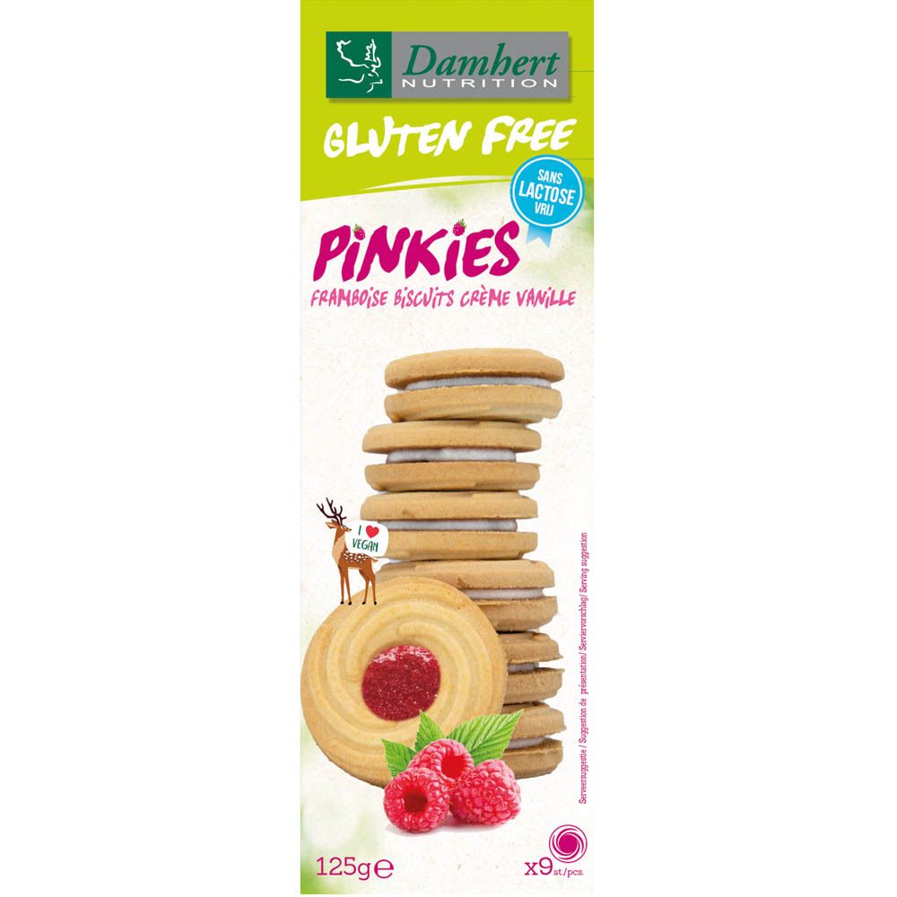 Damhert Pinkies framboos vanille koekjes. Glutenvrij, lactosevrij. Stapel koekjes, frambozen, groene achtergrond.