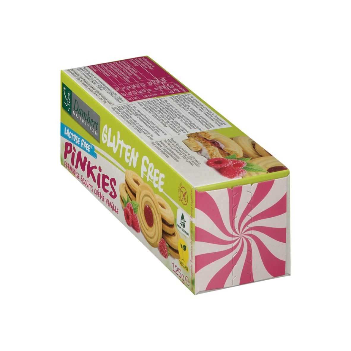 Verpakking Damhert Pinkies framboos vanille koekjes. Glutenvrij, lactosevrij. Design met roze wervelpatroon.